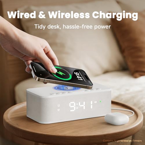 Image of Digital Alarm Clock White Noise, Loud Digital Alarm Clocks Bedrooms, Alarm Clock Speaker Wireless Charger AUX USB Bluetooth Speaker 12 /24H Dual Alarm Snooze Adjustable Brightness, White