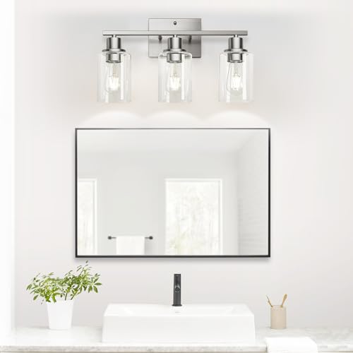 Image of MOKATNG 3-Light Bathroom Light Fixtures, Vanity Light with Clear Glass Shades, Brushed Nickel Bathroom Light Fixtures Over Mirror, Modern Bathroom Wall Lamp for Mirror Living Room Cabinet Bedroom