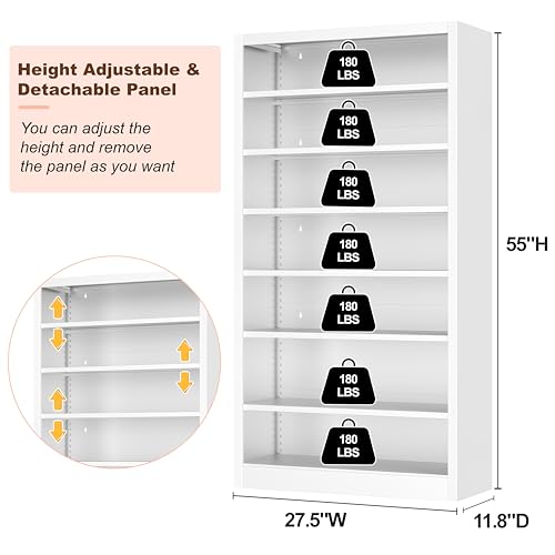 Image of 55 inch Media Storage Cabinet, Metal CD Storage Rack with 6 Adjustable Shelves, 7-Tier Large Stereo Cabinet for Living Room, Home Entertainment (White)