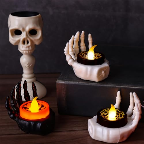 Image of YBB 12Pcs Halloween Skeleton Hands Candle Tea Lights, Novelty LED Flameless Skull Ghost Hand Lamps for Halloween Party Table Home Spooky Decor