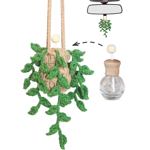 Image of ROFIGL Handmade Crochet Hanging Car Air Freshener,12ml Empty Refillable Oil Diffuser Bottle with Crochet Hanging succulents Plant for Car Rearview Mirror for Home, and Office Hanging Diffuser Decor