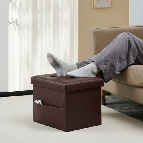 Image of Bsketa Storage Ottoman Bench,17 Inch Folding Leather Foot Rest Stool, Brown | Small Ottoman with Side Pockets, Thicker Foam Padded Seat, Livingroom, Dorm, Bedroom, Easy to install, 43L,17x13x13in