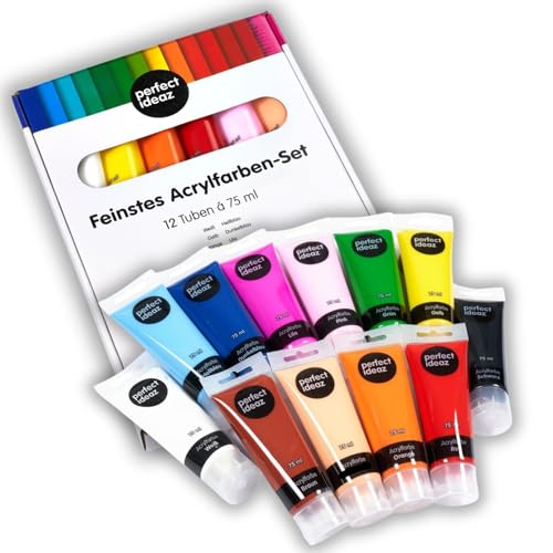 perfect ideaz - Acrylfarben Set - 12 x 75 ml - Kreatives Farbspektakel - ungiftig - inspirierendes Malen für Kinder & Erwachsene - Professionelle Qualität auf Wasserbasis