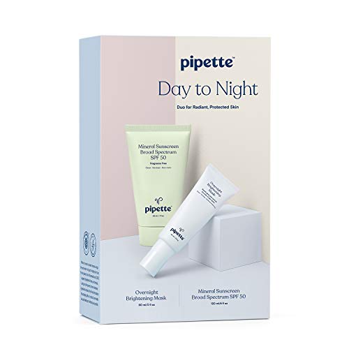 Pipette Day to Night Kit (SPF 50 mineral sunscreen + Overnight Brightening Mask) Duo for Radiant, Protected Skin