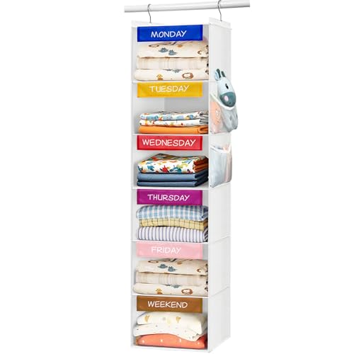 homyfort Weekly Clothes Organizer for Kids, 6-Shelf Hanging Closet Organizer with Colorful Labels, Space Saving Design with 2 Pockets, Daily Hanging Closet Shelves for Kids Room Storage, White