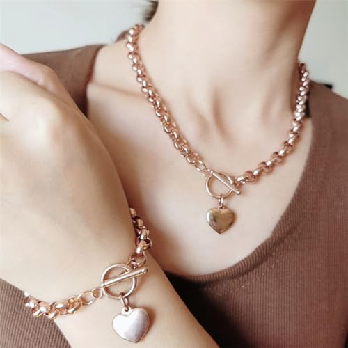 Puffs Heart Choker Necklace Bracelet Set for Women Gold/Silver Heart Pendant Necklace Bracelet Punky Pledge Necklace Bracelet Set Dainty Chunky Link Chain Choker Necklaces for Women4