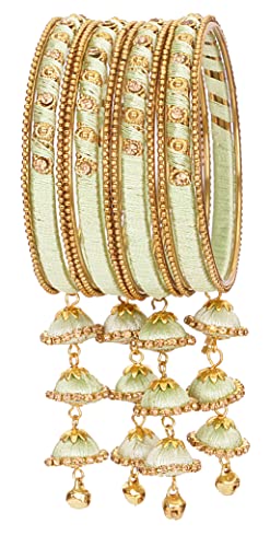 Image of NMII Metal & Silk Thread Jhumka Zircon Latkan Stylish Bangles Set For Women's and Girls | Women's Fancy Latkan Bangles Set | Ethnic Fashion Jewellery- Set of 12 Bangle, (G405 Pista-2.8(2.8))