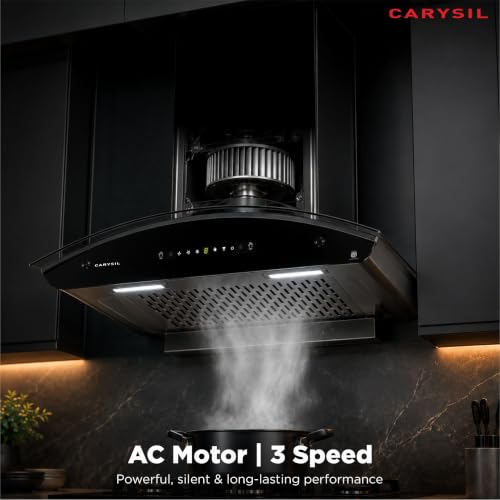 Image of Carysil Curvantis 60 cm Kitchen Chimney, Curved Shape, 1500 m /hr Suction, Auto-Clean Filterless, 3-Speed Touch & Gesture Control, LED Lamp, 10-Year Warranty - Black