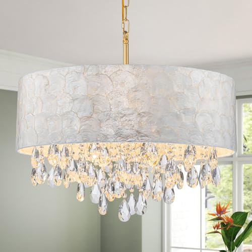 LumFurn X-Large 6-Light Drum Capiz Shell Crystal Chandeliers, Coastal Style