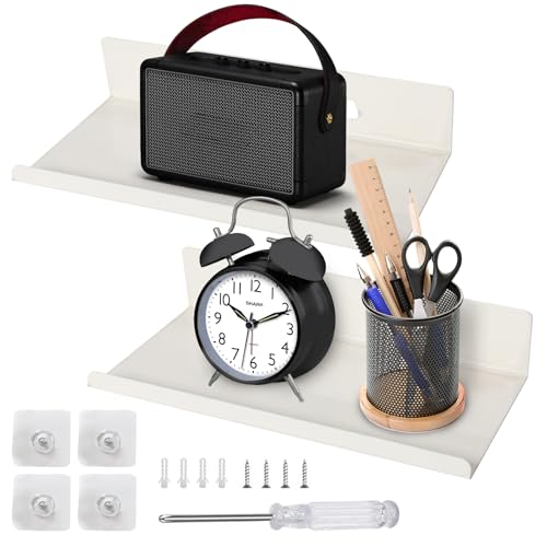 QITIXI:OU 2 Stück 20cm Weiß kleine Wandregale, Selbstklebend Kleines Wandregal Schwarz Metall, Schwebendes Regal Badezimmer, Maximale Belastung 10 kg, Ohne Bohren Regal Wand Bad für Bad Küche Büro