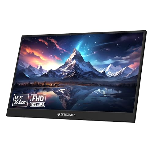 Image of ZEBRONICS Pixigo A16, 15.6 inch Portable Monitor, FHD 1080p, 180 Adjustable Stand, Lightweight, 16:9 Aspect Ratio, 300Nits, 16.7M Colors, Dual Input - Type C + Mini HDMI, Built-in Speakers
