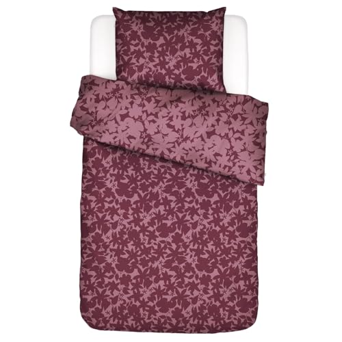 ESSENZA Bettwäsche Imara Burgundy Flanell Blumen Clematis Blüten Blumen Geblümt Floral Schattenbild Silhouette Blätter, Größe:135 cm x 200 cm