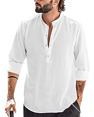 YAOBAOLE Chemise Lin Homme Manches Longues Chemise Lin Homme Slim Fit Chemise en Lin Homme Col Mao Henley Lin Blanc M