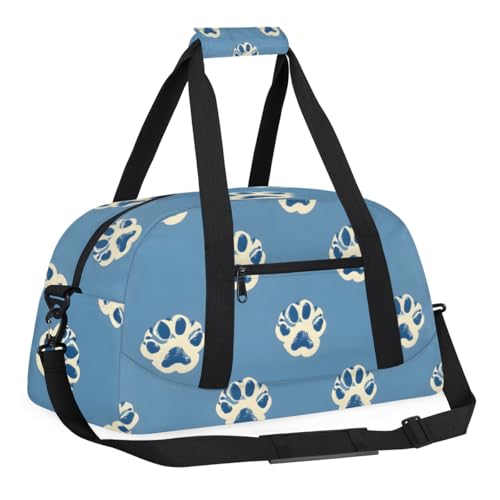Blue Dog Paw Pattern Gym Travel Duffle Bag for Boys - Gymnastics Sports Dance Bag with Front Zipper Pocket for School Practice or Overnight Travel Weekender Sleepover Tote Bag Dog Print