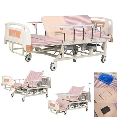 Cama de hospital eléctrica completa para uso doméstico con inclinación lateral automática, función antiescaras, incluye colchón, sartén, rieles, ruedas de bloqueo y control remoto, soporta hasta 550