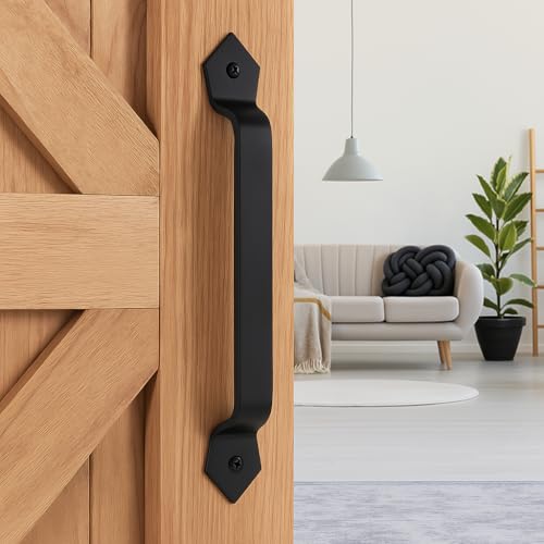 Image of 9 Inch Diamond Curved Barn Door Handle - Black Cast Iron Pull for Sliding Doors, Gates, Sheds, Fences, Closets - Indoor Outdoor Farmhouse Hardware