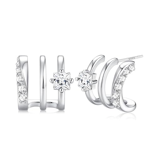 Image of Roheafer 14K Gold Plated Triple Huggie Illusion Stud Earrings for Women 925 Sterling Silver Post Small Claw Earrings for One Hole Dainty Cubic Zirconia Studs Lightweight Jewelry Gift(S-Square)