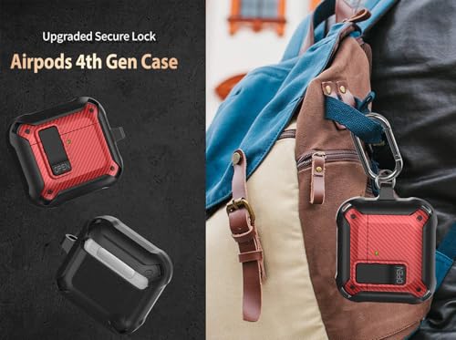Image of Olytop for Airpods 4 Case with Lock Clip, Rugged Apple Airpods 4th Generation Cover 2024 Men Women, Armor Shockproof iPod 4 Gen Protective Hard Shell with Carabiner&Cleaner kit,CF Black /Red