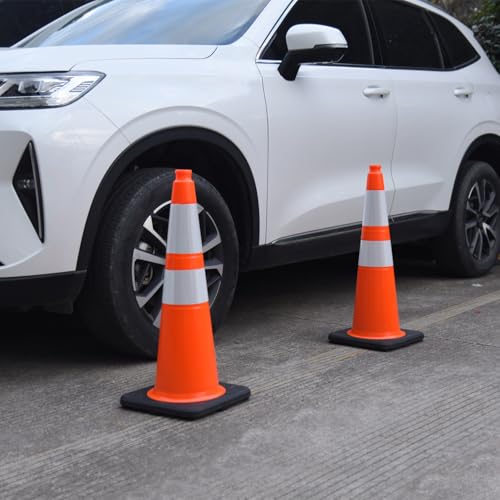 Fluorescent Orange/Green PVC Traffic Cones, Heavy Black Base Parking Lot Cone Structurally Stable Weatherproof Road Construction Safety Cones (8, Orange, 28" Large)