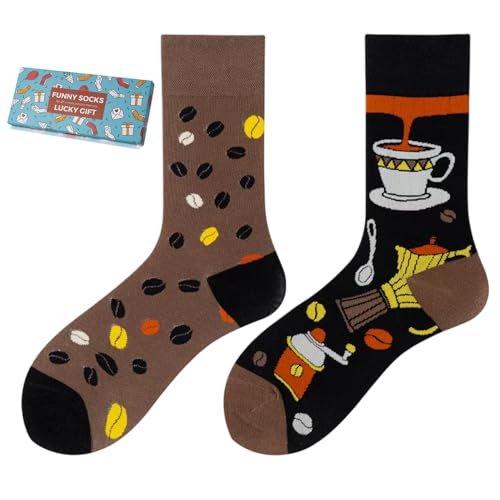 NxnChc Lustige Socken Für Damen Und Herren Unisex Viele Kaffee Motive Tier Essen Obst Sport Kunst Aus Baumwolle Geschenk Asymmetrische Muster Links Und Rechts