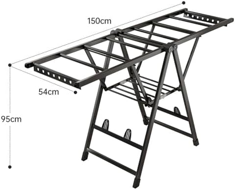 Free-Standing Laundry Drying Rack, 2-Tier Foldable Clothes Drying Rack with Height-Adjustable Gullwings, Aluminum Laundry Rack Folding Airer for Clothes Towels Linens