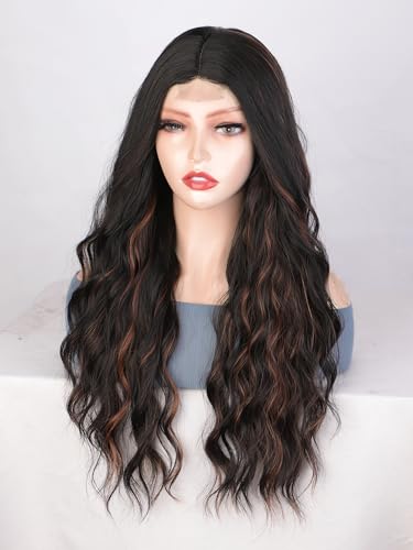 AISI BEAUTY Long Black mix Brown Wigs for Women 26 Inch Middle Part Curly Wavy Wig Natural Looking Synthetic Heat Resistant Fiber Wig for Daily Party Use(Black mix Brown) - Image 4
