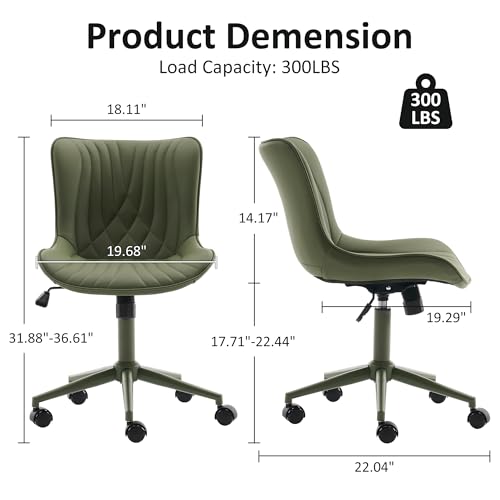 Image of YOUTASTE Green Armless Office Chair, Modern Adjustable Swivel Desk Chair with Wheels, Upholstered PU Leather, Green Metal Legs, Back Support for Home Office, Study, Vanity, Bedroom
