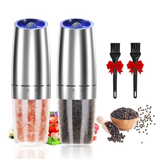 Gravity Electric Salt and Pepper Grinder Set of 2, Adjustable Coarseness, Automatic Mill Grinder, Battery Powered with Blue LED Light, One Hand Operated (Sliver 2 Pack)1