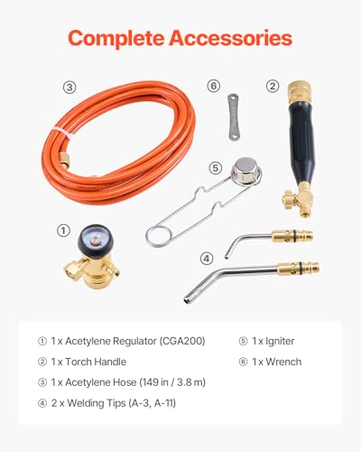 Image of VEVOR Air Acetylene Torch Kit, Acetylene Gas Welding Tool with 149'' Hose, 2 Welding Tips, CGA200 Regulator & Torch Handle, Gas Brazing Welder for Home DIY Industrial Sites (without Gas Cylinder)