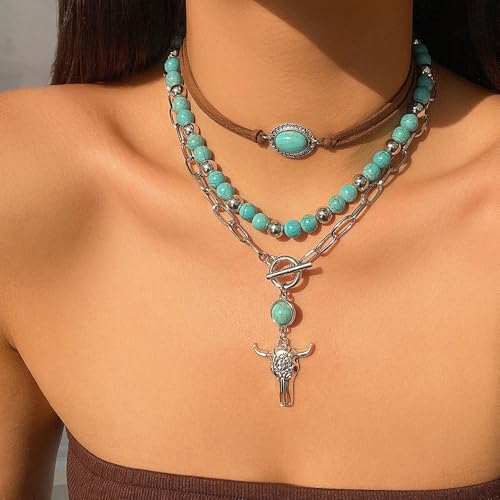 Boho Western Necklaces for Women,Turquoise Beaded Layered Necklaces Vintage Cow Cactus Pendant Choker Necklace Set,Cowgirl Jewelry Accessories Gifts4