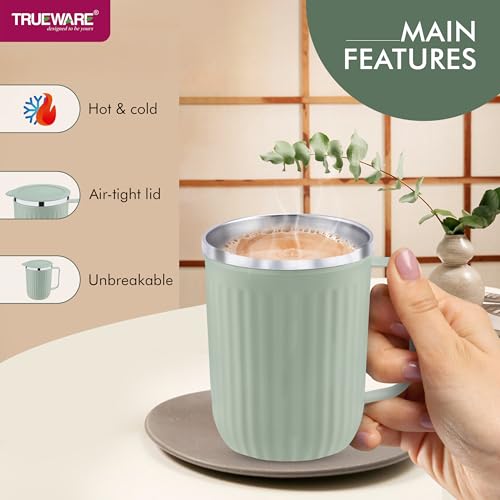 Image of Trueware Frost Unbreakable Mugs with Cap Stainless Steel Plastic Covered Travel Mug with lid for Tea, Coffee, Milk 400 ml (Green)