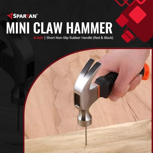 Image of Spartan Mini Claw Hammer, 1-Inch Carbon Steel Head, Short Non-Slip Rubber Handle (Red & Black), Stubby Hammer for Woodworking, DIY, Household & Car Glass Emergency