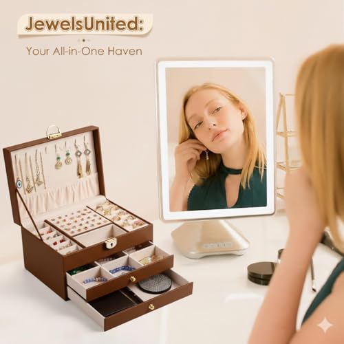 Image of Jewelry Box For Women Girl Wife 3 Layers Large Pu Leather Jewelry Organizer Storage Case With Two Drawers Display For Earrings Bracelets Rings Watches Design Jewelry Box, Jewelry Organizer (Brown)