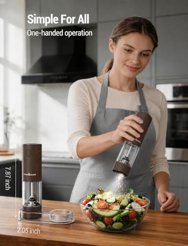 Image of ThermoMaven Electric Salt and Pepper Grinder Set, 110ml Larger Rechargeable Automatic Salt and Pepper Mill Grinder with 6 Adjustable Coarseness, Electric Salt and Pepper Shakers, LED, Black Walnut