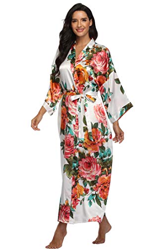 Image of Women Silk Kimono Robe Long Floral Bridesmaids Robes Satin | Wedding Party Bridal Getting Ready Robe Lightweight Dressing Gown Loungewear Sleepwear