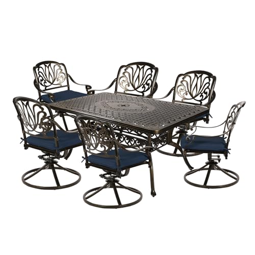Image of MEETWARM 7-Piece Outdoor Patio Dining Set, All-Weather Cast Aluminum Patio Conversation Set for Backyard Garden Deck with 6 Cushioned Swivel Rocker Chairs, 1 Rectangular Table, Navy Blue