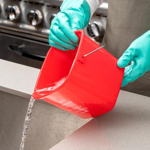 Image of Restaurantware Plastic Buckets with Stainless Steel Handle Pack of 10, 3 Quart Plastic Cleaning Pails, Red Square Design, Measurement Graduations, for Janitorial and Foodservice Use
