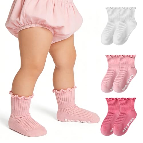 Image of SNOWIE SOFT 3-Pair Baby Ruffle Cuff Ankle Socks for Girls 1-3 Years Frilly Cotton Ribbed Sock, Breathable Stretch Dress Sock, Non-Slip Heel, Soft Casual Grip Socks for Toddlers Baby Shower Gifts