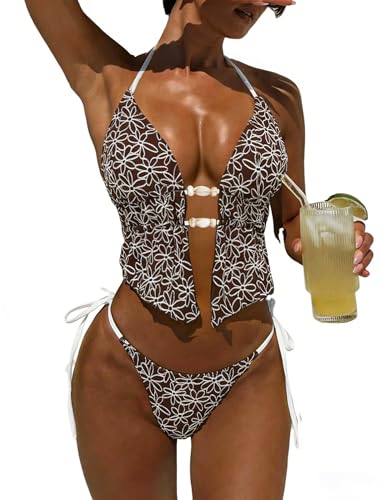 Image of ZAFUL Halter Swimsuits for Women Textured Backless 2 Piece Bathing Suits Cheeky High Cut String Tie Side Bikini Sets