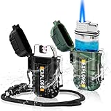LcFun 2 Pack Outdoor Lighter Waterproof, Windproof Electric USB Rechargeable Dual Arc Plasma Lighter, Refillable Butane Torch Lighters, Survival Tactical Gear Gadgets for Men for Camping, Hiking