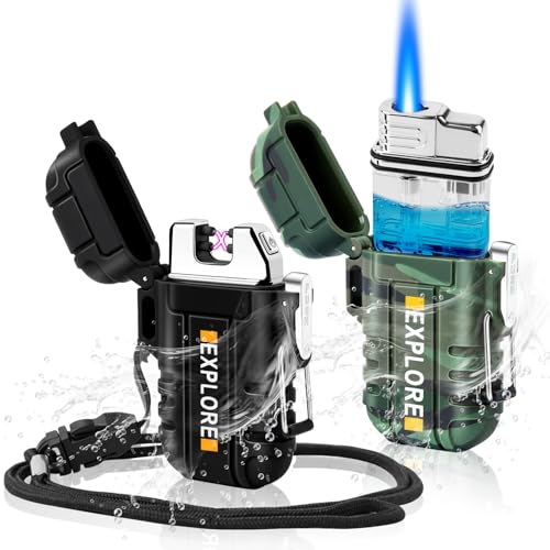 LcFun 2 Pack Waterproof Lighter Outdoors Hunting Gear, Windproof Electric USB Rechargeable Dual Arc Plasma Lighter, Refillable Butane Torch Lighters, Tactical Survival Camping Hiking Gadgets for Men