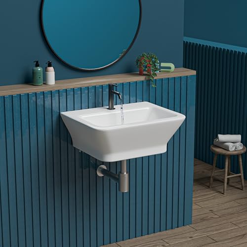 Image of REMOTION Ceramic Wall Hung Corner Wash Basin for Bathroom | Wall Mounted Corner Sink for Small Bathrooms & Powder Rooms | Space-Saving, Durable & Stylish Design (15.7 x 13 x 6 Inch)