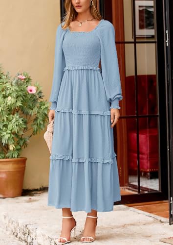 PRETTYGARDEN Fall Dresses for Women 2025 Long Sleeve Smocked Square Neck Swiss Dot Tiered Flowy Wedding Guest Maxi Dress