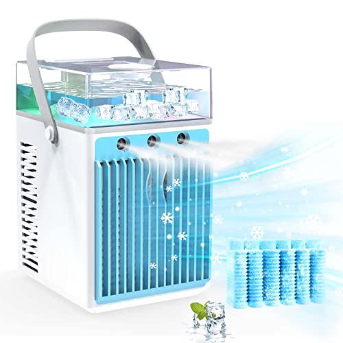 mini climatiseur portable, 4 en 1 usb mini climatiseur portable refroidisseur d'air avec 3 modes de vitesse du vent, ventilateur ac brumisateur avec 7 lumières led changeantes pour chambre maison