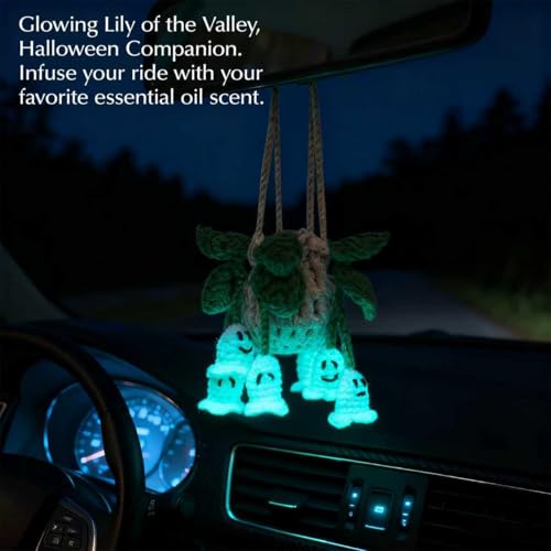 Image of ROFIGL Handmade Crochet Hanging Car Air Freshener - Glow-in-the-Dark Lily of the Valley Plant with 12ml Refillable Essential Oil Diffuser Bottle, Halloween Car Accessories & Bedroom Nightlight Decor