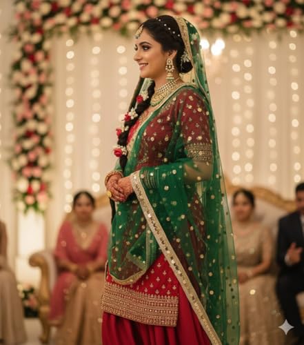 Image of Navti Creations Women's Lightweight Net Dupatta With Sequence Embroidery & Kiran Border (Length 2.25m)