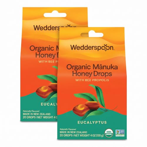 Wedderspoon Organic Manuka Honey Drops, Eucalyptus &amp; Bee Propolis, 20 Count (4oz) Genuine New Zealand Honey | Perfect Remedy for Dry Throats - (Pack of 2)