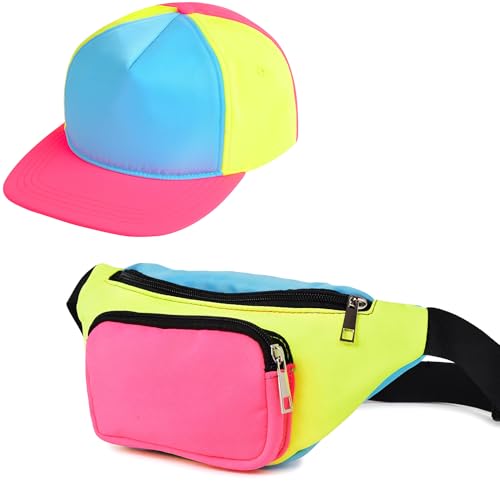 2-Piece 80s Outfit Set for Men & Women Neon Fanny Pack and Retro Cap for Holiday Festivals 80s & 90s Theme Parties