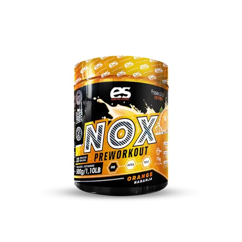 PRE-WORKOUT ESSENTIAL NUTRITION | Piruleta, Cola y Naranja 500 gr = 22 Tomas por Envase | Sin Azúcar con 180 mg de Cafeína, Aminoácidos, Creatina Creapure, Citrulina Malato (Naranja)