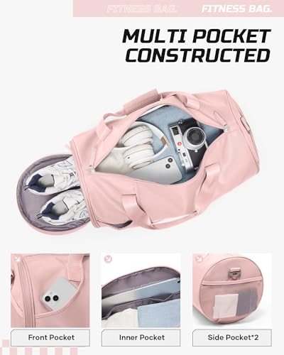Image of Pink Gym Bag for Women & Men with Wet & Shoe Compartment, Small Duffle Bag for Travel, Sport, Gym, Workout, Overnight, Weekender, Carry-on